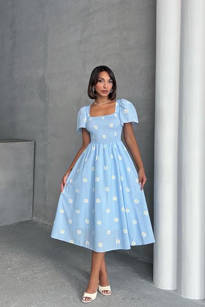 Lusin Women's Lined Daisy Patterned Baby Blue Poplin Midi Dress