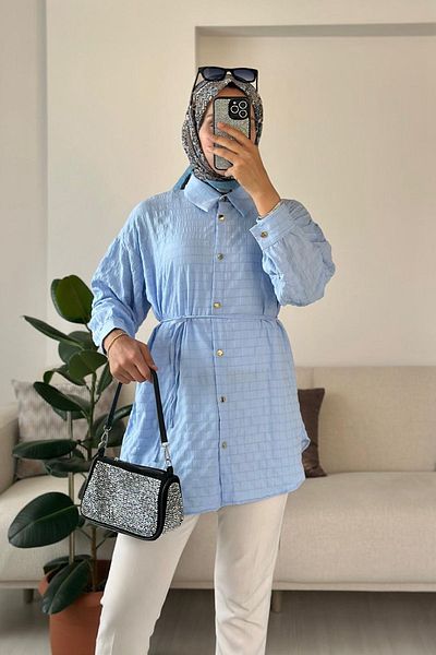 HİFADEN Women's Tokyo Fabric Mobile Belted Gold Buttoned Long Sleeve Hijab Shirt