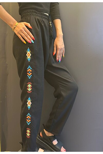 Gönülden Tasarım Ethnic Look Patterned Black Women's Pants Size m