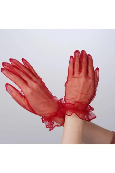 kumkumticaret Short Length Lycra Laced Adult Tulle Gloves Red Color