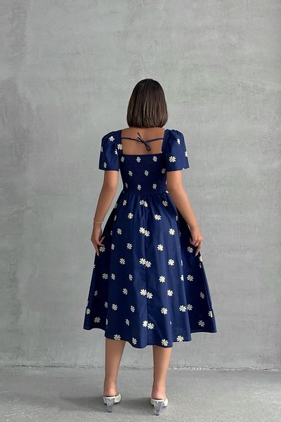 Lusin Women's Lined Daisy Patterned Navy Blue Poplin Midi Dress
