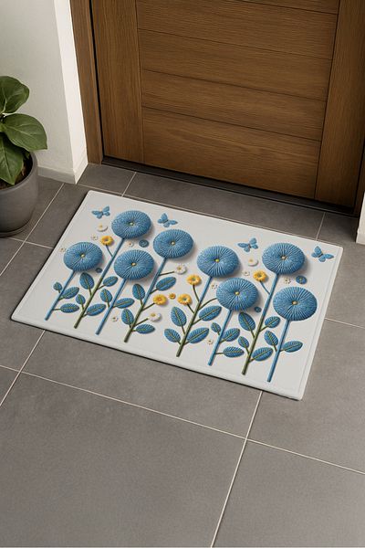 Artvibe Punch Embroidery Pattern Digital Printed Blue White Summer Themed Floral Door Mat