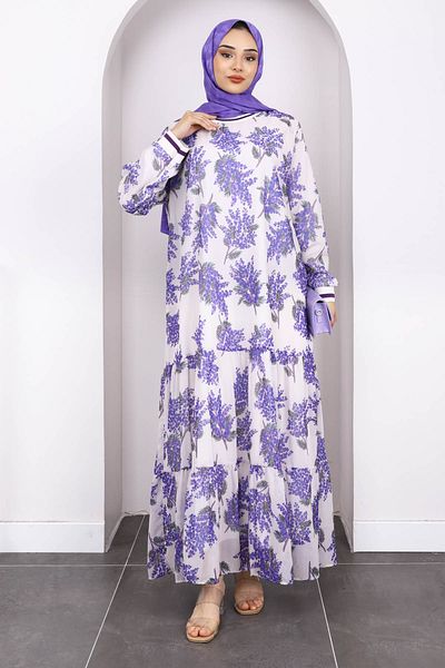 İmajButik Φόρεμα σιφόν με μωβ σχέδιο