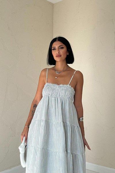 OFFO Blue Straps Piece Striped Muslin Dress
