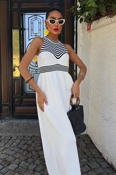 velmorafashion Roba Striped Long Knitwear Dress 2858