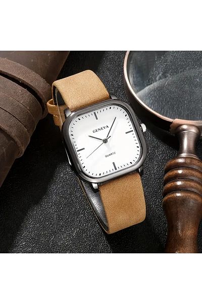 Feronnucci Men's Wristwatch Square Leather Band Analog Quartz Watch 611