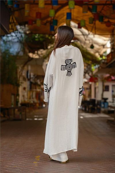 Miss Boheme White Bird Patterned Muslin Trousers Kaftan Set