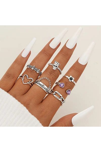 Perry Accesories 7 Pieces Gothic Style Teddy Bear and Butterfly Figured Snake and Flower Motif Adjustable Set Ring Set-303