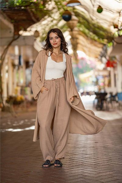 Miss Boheme Muslin Earth Color Pants Kimono Set
