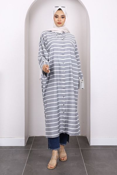 İmajButik Γκρι μανίκι νυχτερίδας ριγέ Modal τουνίκ