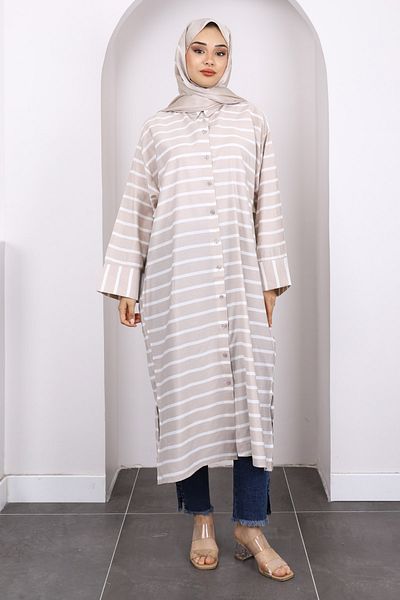 İmajButik Μπεζ μανίκι νυχτερίδας ριγέ Modal τουνίκ