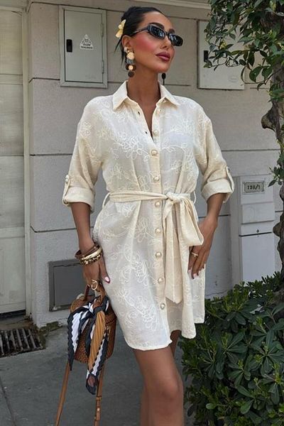 modamtn Süzene Embroidered and Gold Buttoned Dress 2742