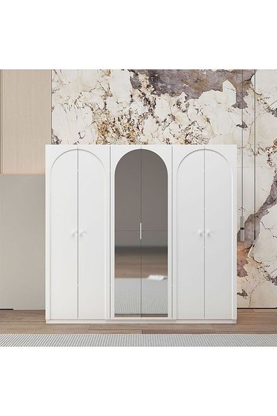 Danube Home Calm 6 Door Wardrobe w/ Mirror - White L240xW59.6xH225cm