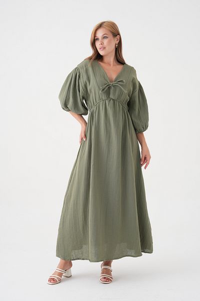 Butik 100% Cotton V-Neck Muslin Fabric Elastic Waist Rope Detailed Short Sleeve Dress Mg-2025