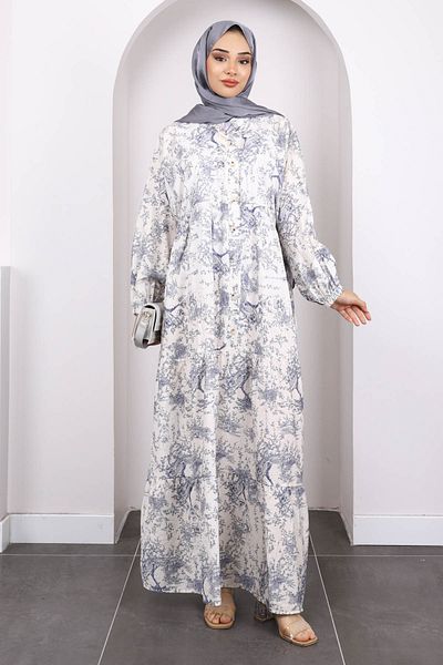 İmajButik Μπλε ναυτικό φόρεμα με μοτίβο με μισό κουμπί