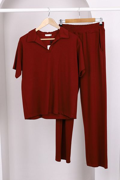 İmajButik Σετ παντελονιού μπορντό κοντομάνικο Modal