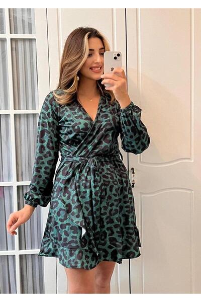 Lavıa Women's Long Sleeve Double Breasted Neckline Waist Belted Leopard Print Diving Dress