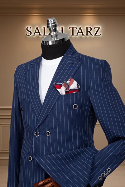 Salihtarzz Takım Elbise Kruvaze SlimFit Lacivert Çizgili SD42177