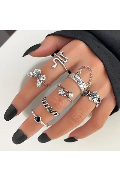 Perry Accesories 7 Pieces Gothic Style Teddy Bear and Butterfly Figured Snake and Flower Motif Adjustable Set Ring Set-302