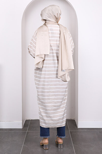 İmajButik Beige Bat Sleeve Striped Modal Tunic
