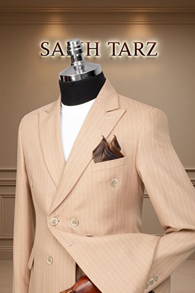 Salihtarzz Takım Elbise Kruvaze SlimFit Krem Çizgili SD42178