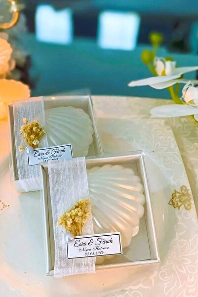 Genel Markalar 10 Adet Kraft Kutu İçerisinde Süslemeli İstiridye Mum, Düğün Nişan Söz Kına, Doğum Günü,Nikah Şekeri