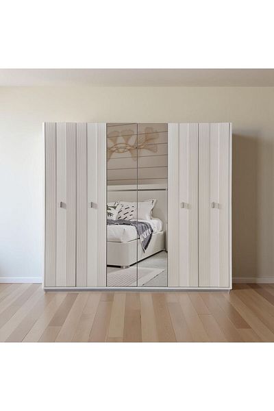 Danube Home Aries 6 Dr Wardrobe w/Mirrors - L.Beige Oak Veneer L240xW59xH220cm