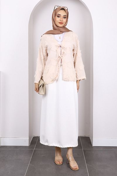 İmajButik Beige Front Tie Tassel Kimono