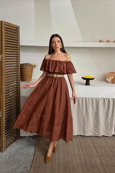 modamtn Brown Elastic Shoulder Brode Dress