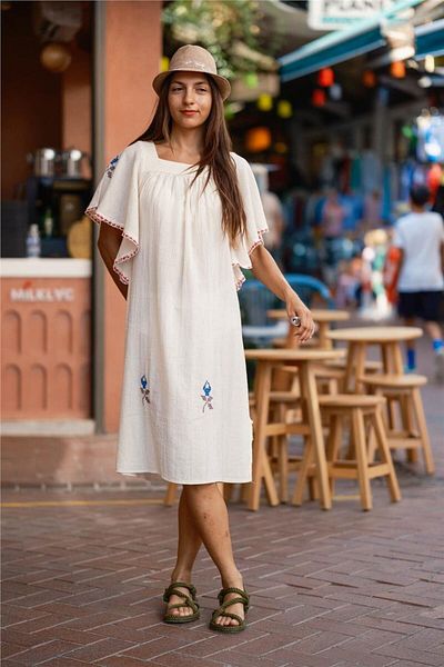 Miss Boheme Cream Color Embroidered Floral Patterned Şile Cloth Dress