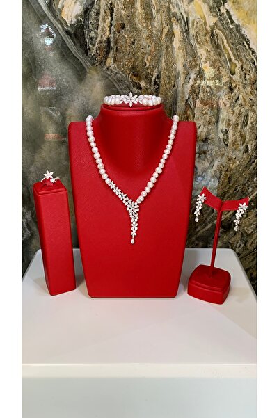 TRİA SİLVER Gerçek Kültür İnci ve Zirkon Taşlı 925 Ayar Gümüş Kolye Küpe Bile...