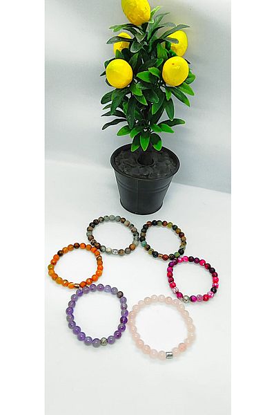 Lio20 Amethyst & Pink Quartz & 3 Pieces Agate & Jasper 6-Piece Natural Stone Bracelet Set Gift Accessory Combination