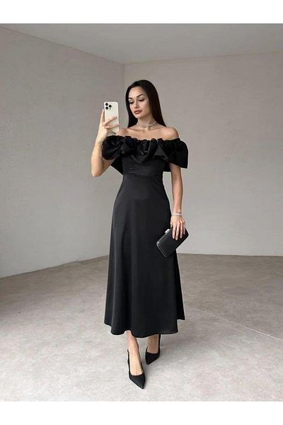 modamtn Black Shoulder Gathered Satin Dress