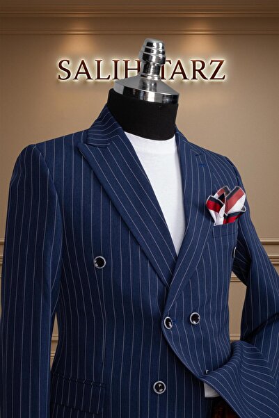 Salihtarzz Takım Elbise Kruvaze SlimFit Lacivert Çizgili SD42177