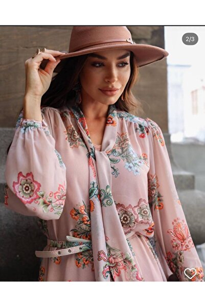 MSN İthal İçi Astar Elbiseli Asimetrik Şifon Elbise-Kemer Dahildir-Pembe-WW2718