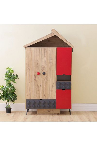 Danube Home Bricks 3 Door Wardrobe with 2 Drawers - Oak/Red/Grey L55.6xW221.1xH160.2cm
