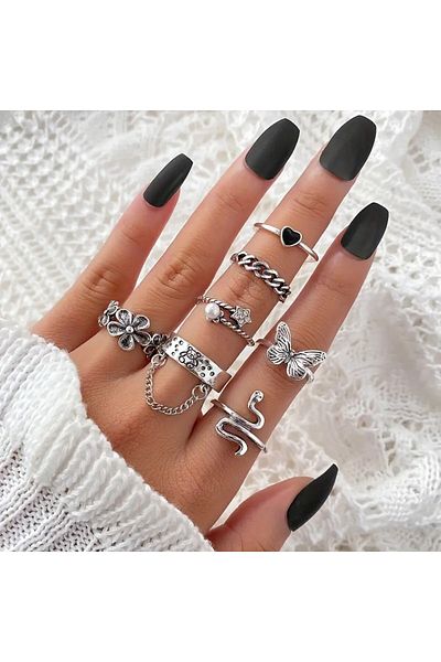 Perry Accesories 7 Pieces Gothic Style Teddy Bear and Butterfly Figured Snake and Flower Motif Adjustable Set Ring Set-302