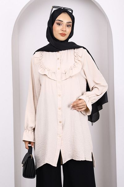 İmajButik Μπεζ μπροστινό βολάν Ayrobin τουνίκ