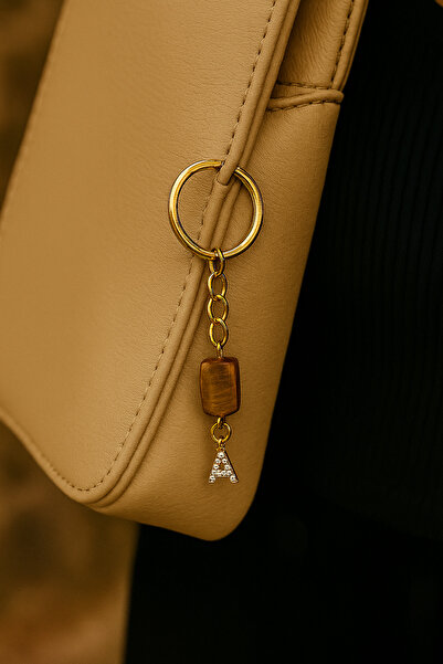 Han Ticarethane Breloc cu ochi de tigru cu litera A cu piatră de culoare aurie