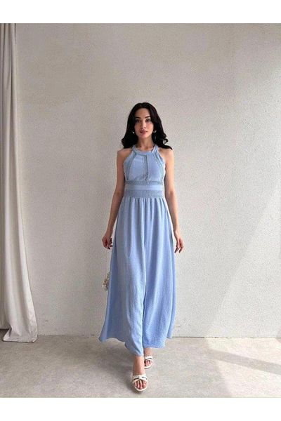 Cbm Women's Crinkle Fabric Waist Gimped Halter Neck Maxi Length Dress