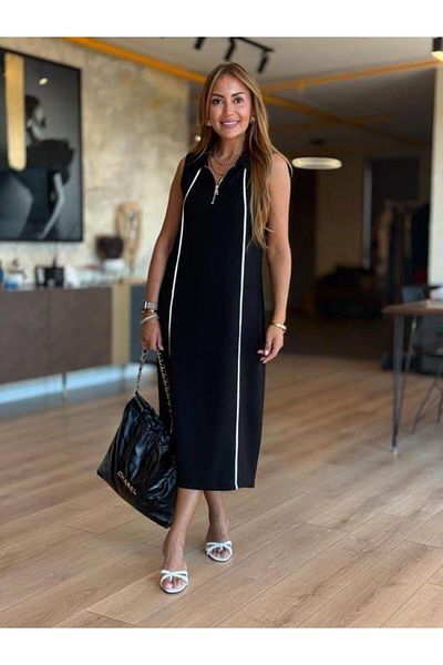 Moda Ebrar فستان متوسط ​​الطول بتفاصيل شريطية من القماش المشروط للنساء