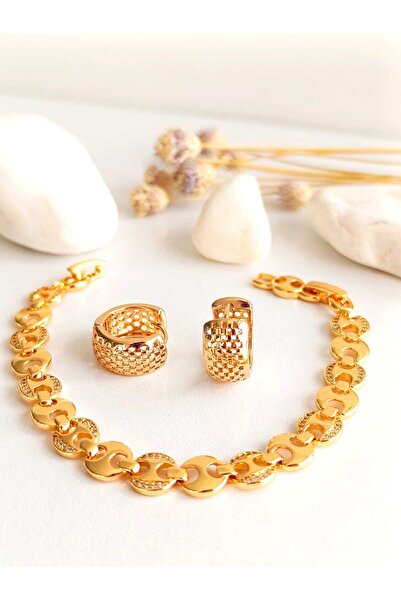 RSB Bijuteri Küpe Halka ve Bileklik Zirkon Taş Altın Kaplama 316 L Çelik 2'li...