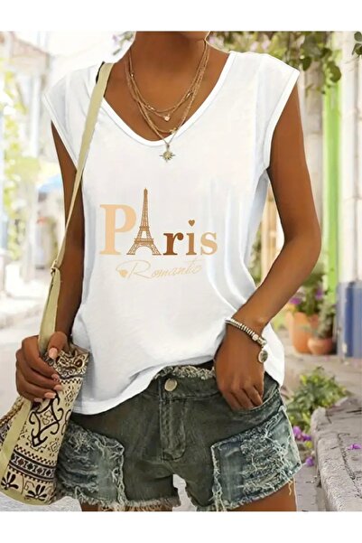 FUFLUNS TRIOU FĂRĂ MÂNĂ DE DIMENSIUNE MARE PENTRU FEMEI CU PRINT PARIS