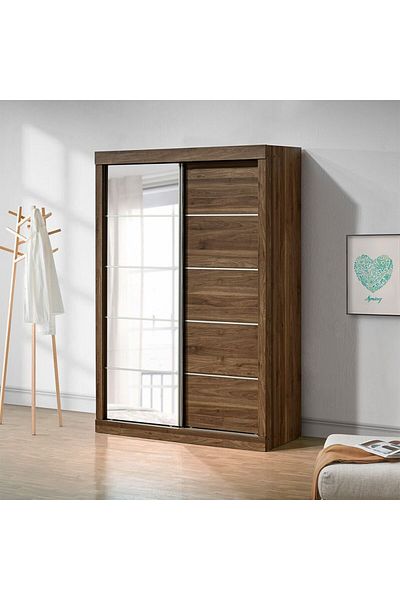 Danube Home Supreme 2Door Compact Sliding Door Wardrobe W/Mirrors-Light Walnut L140xW57.5xH210cm