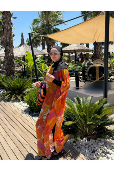 QYMOS PRIVE Tropical Patterned Chiffon Orange Pareo Kaftan