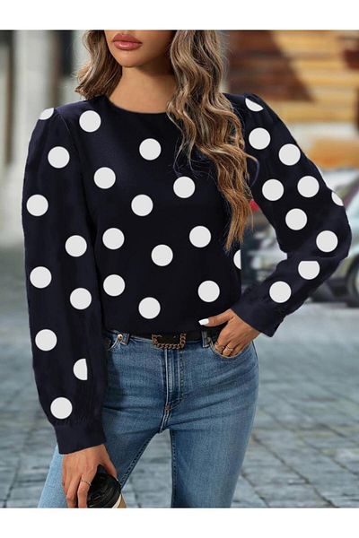 modamtn Women's Long Sleeve Crew Neck Sleeves Wide Cuffed Two Button Detail Crepe Blouse