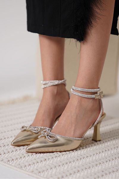 Zerenyus Irina Premium Women's Gold Stone Heeled Shoes