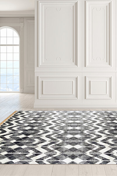 Royal Palace Viskon Dokuma Geometrik Kaymaz Taban Gri - Beyaz Oturma Odası Salon Halısı