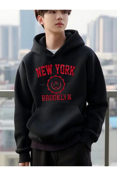 DEEPSENCE Hanorac unisex NEGRU oversize cu imprimeu NEW YORK