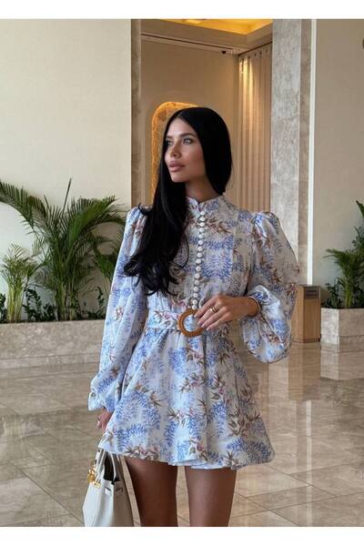 MSN Keten Kumaş Düğme Detaylı Elbise-Kemer Dahil -WW2716